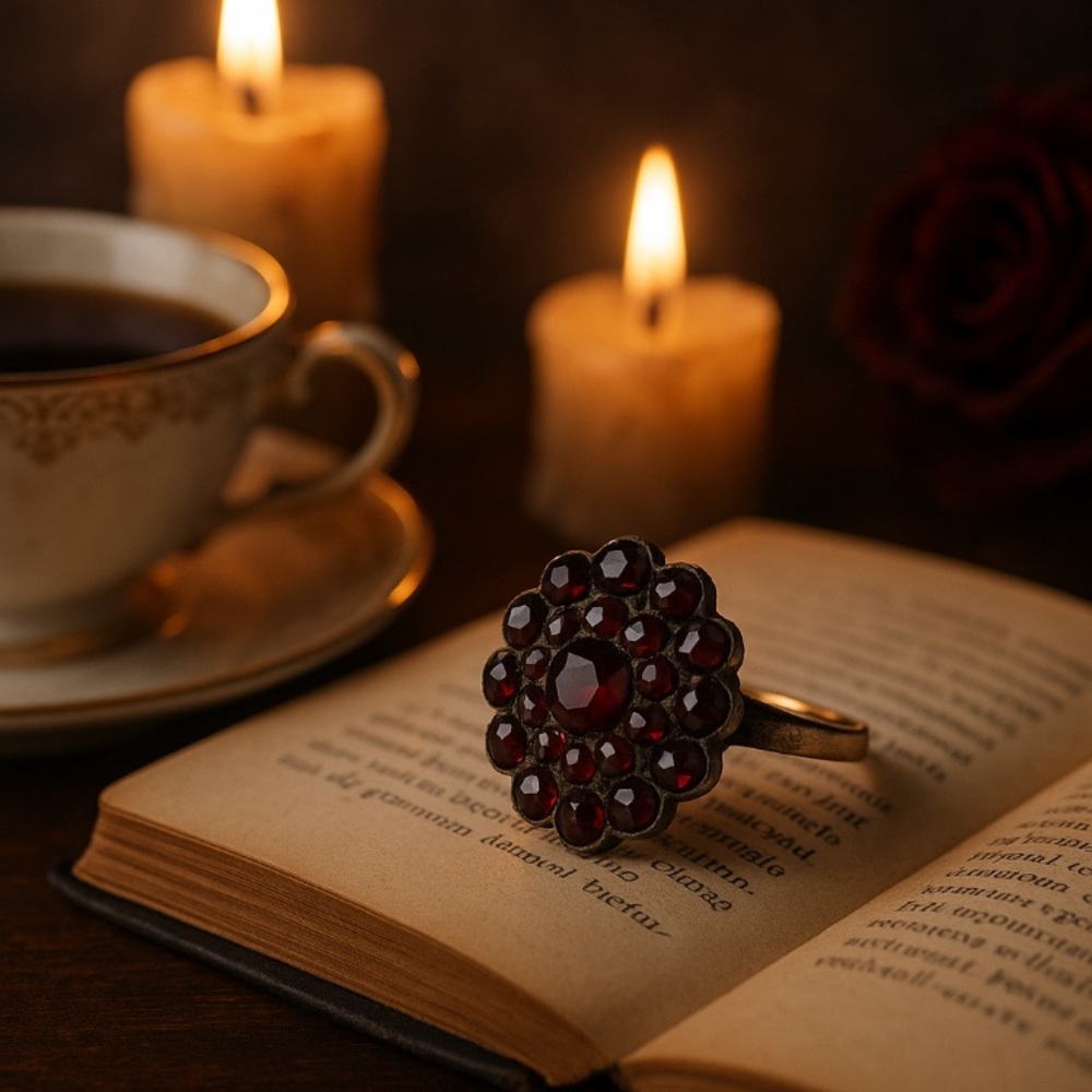 Antique 14k Gold & Silver-Topped Bohemian Garnet Cluster Ring